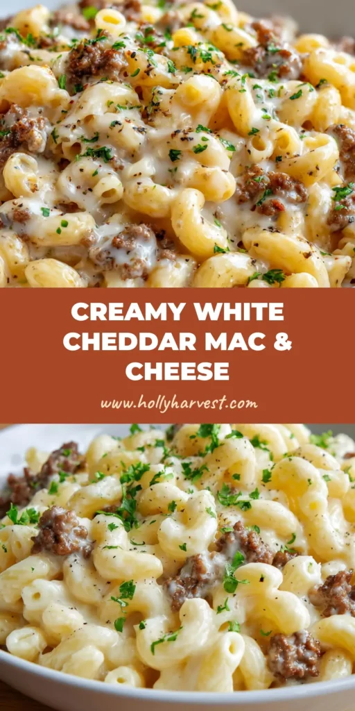 A close up photo of creamy White Cheddar Mac and Cheese in a shallow white ceramic bowl with browned ground beef, cracked black pepper, and fresh green parsley on a wooden surface.