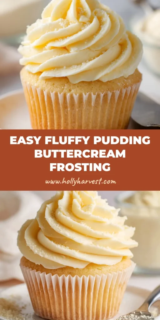 A close up shot of a fluffy, thick swirl of pale yellow pudding buttercream frosting perfectly piped on a golden vanilla cupcake.