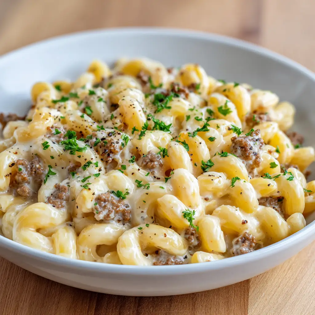 Tender cooked macaroni noodles and evenly browned crumbles of ground beef coated in a thick, velvety smooth melted white cheddar cheese sauce.