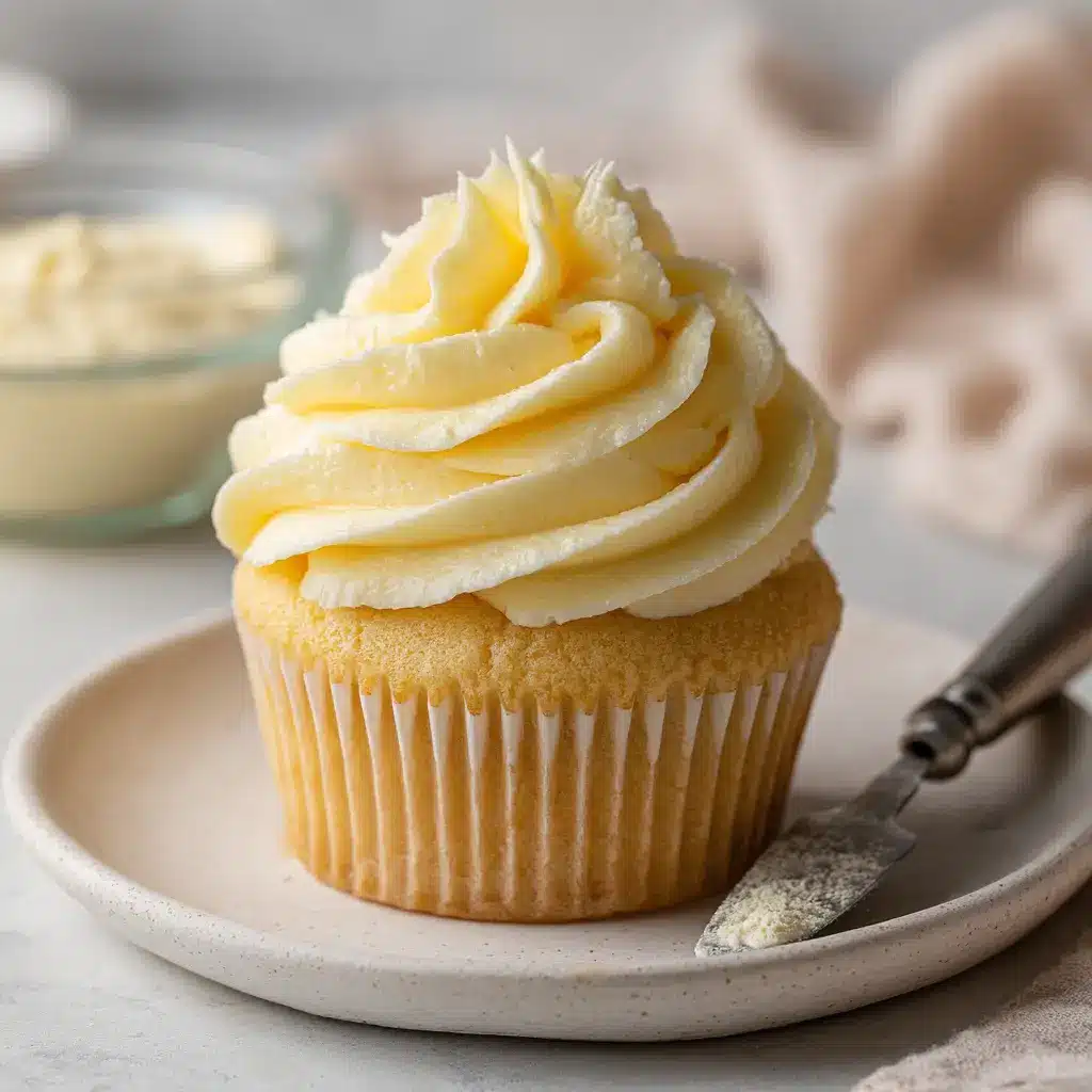 A metal offset spatula resting next to a dollop of smooth pudding buttercream frosting.