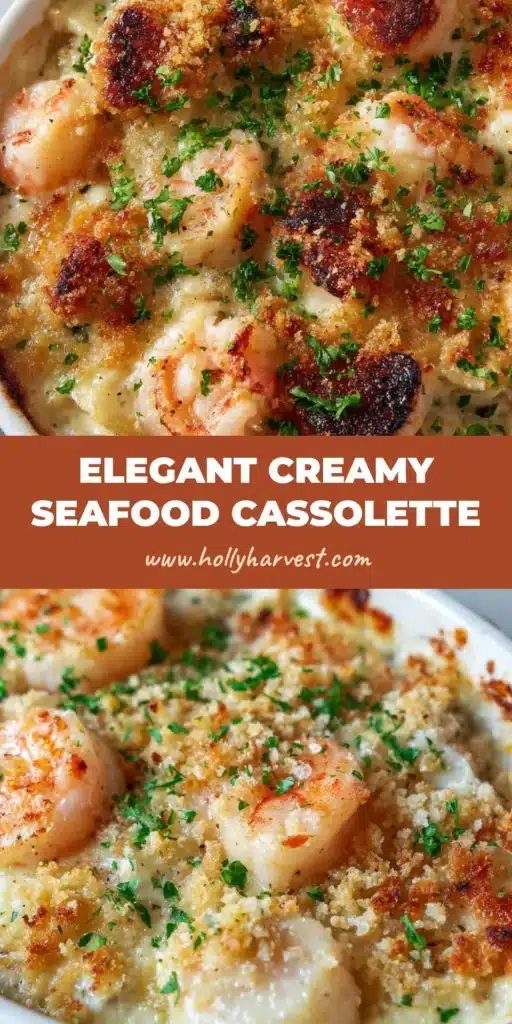 The Ultimate Baked Seafood Cassolette Recipe 3 A close up view of a baked Seafood Cassolette in an individual white ceramic gratin dish, featuring bubbling creamy white sauce, seared scallops, shrimp, and a toasted panko crust.