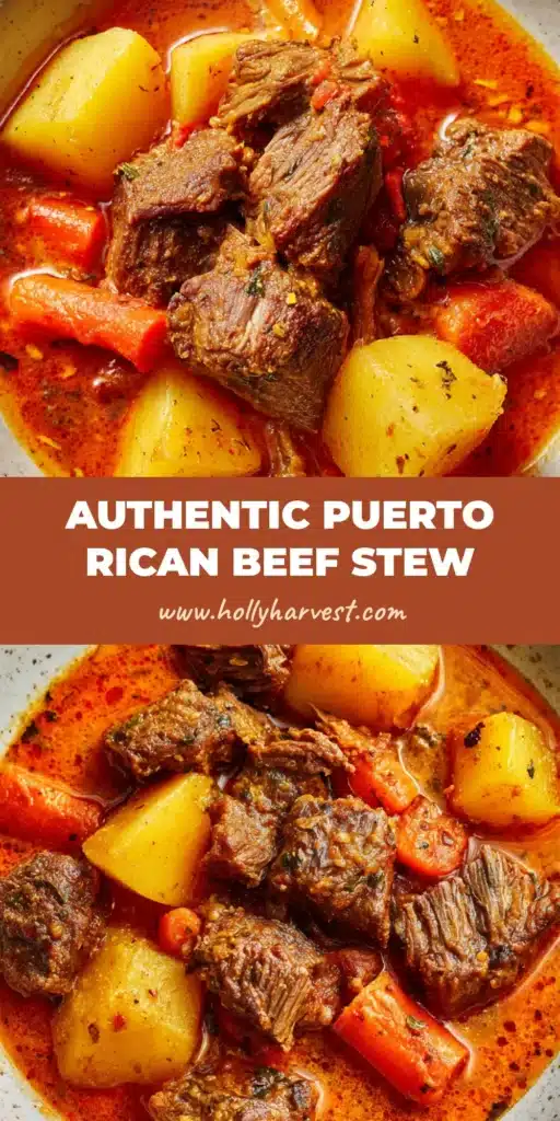A rustic bowl of authentic Puerto Rican Beef Stew with tender chuck roast and yellow potatoes in an orange-red broth.