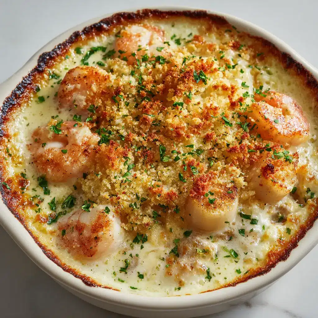 The Ultimate Baked Seafood Cassolette Recipe 2 Raw ingredients for Seafood Cassolette including fresh sea scallops, plump pink shrimp, white fish chunks, and a white ceramic gratin dish.