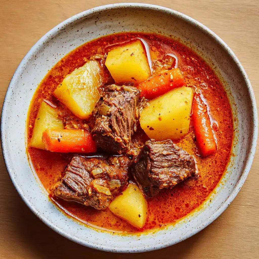 Close up overhead shot of simmering Puerto Rican Beef Stew in a heavy bottomed Dutch oven.