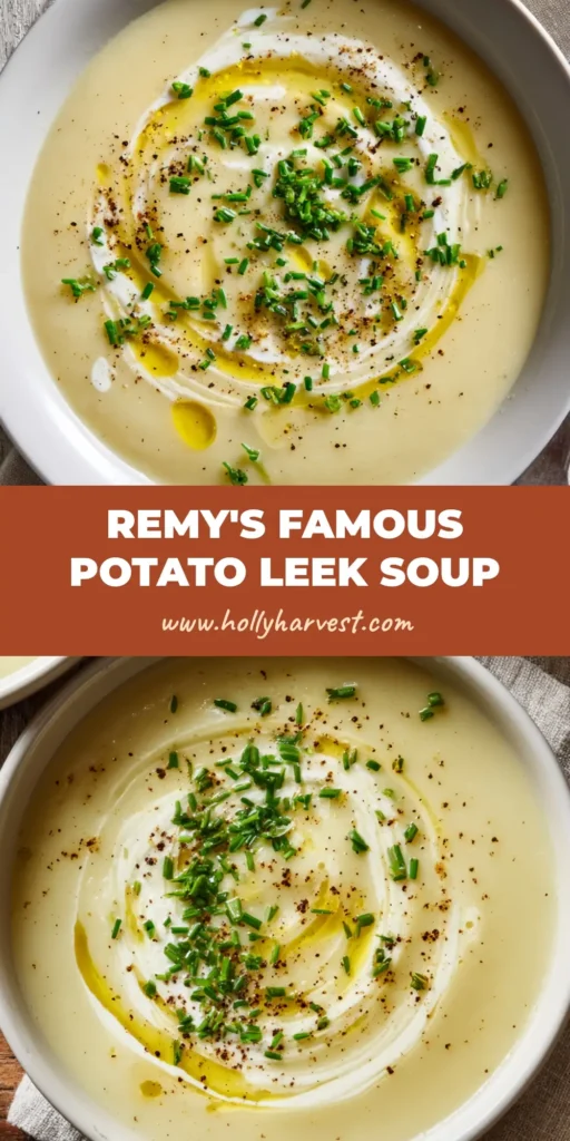 A close-up, top-down view of a creamy pale yellow pureed potato and leek soup in an elegant white shallow ceramic bowl, garnished with heavy cream, fresh chives, black pepper, and olive oil.
