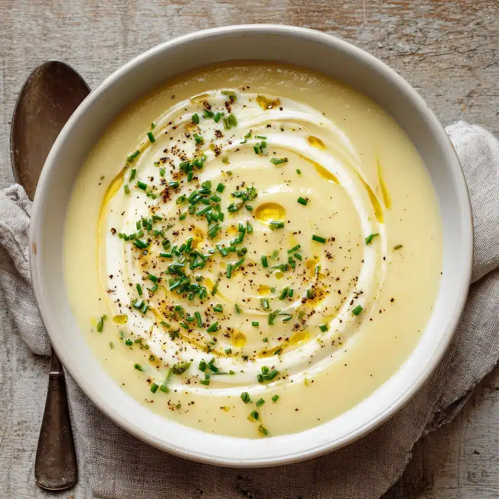 An immersion blender pureeing a simmering pot of potatoes and leeks into a smooth, creamy pale yellow soup.