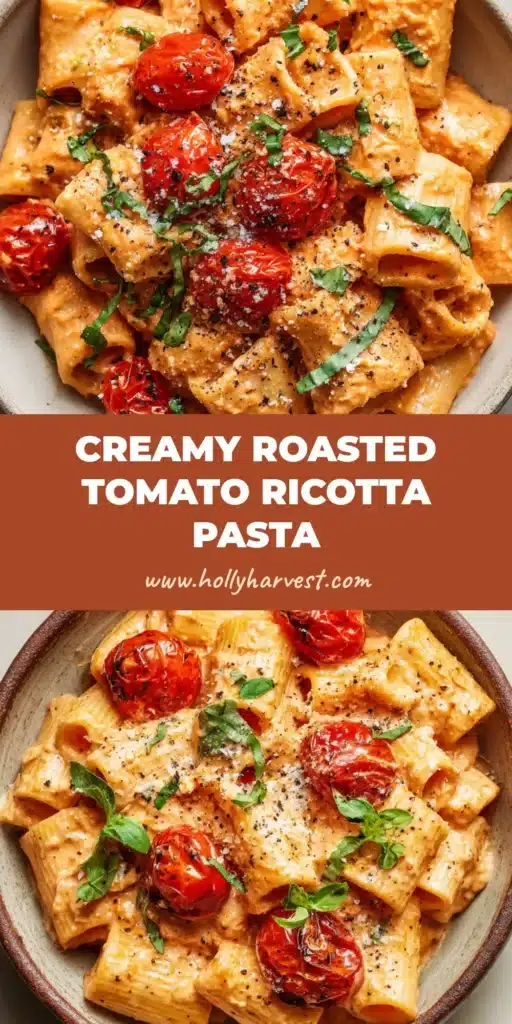 Creamy Roasted Tomato Pasta with Blistered Cherry Tomatoes 3 A rustic ceramic bowl filled with cooked rigatoni pasta heavily coated in a thick, creamy, pale orange-red roasted tomato and ricotta sauce with whole blistered cherry tomatoes, fresh green basil, cracked black pepper, and grated parmesan.