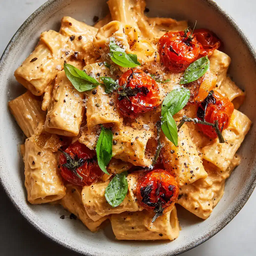 Creamy Roasted Tomato Pasta with Blistered Cherry Tomatoes 2 Close-up of fresh cherry tomatoes, whole milk ricotta, garlic, and fresh basil ready to be made into a Creamy Roasted Tomato Pasta sauce.