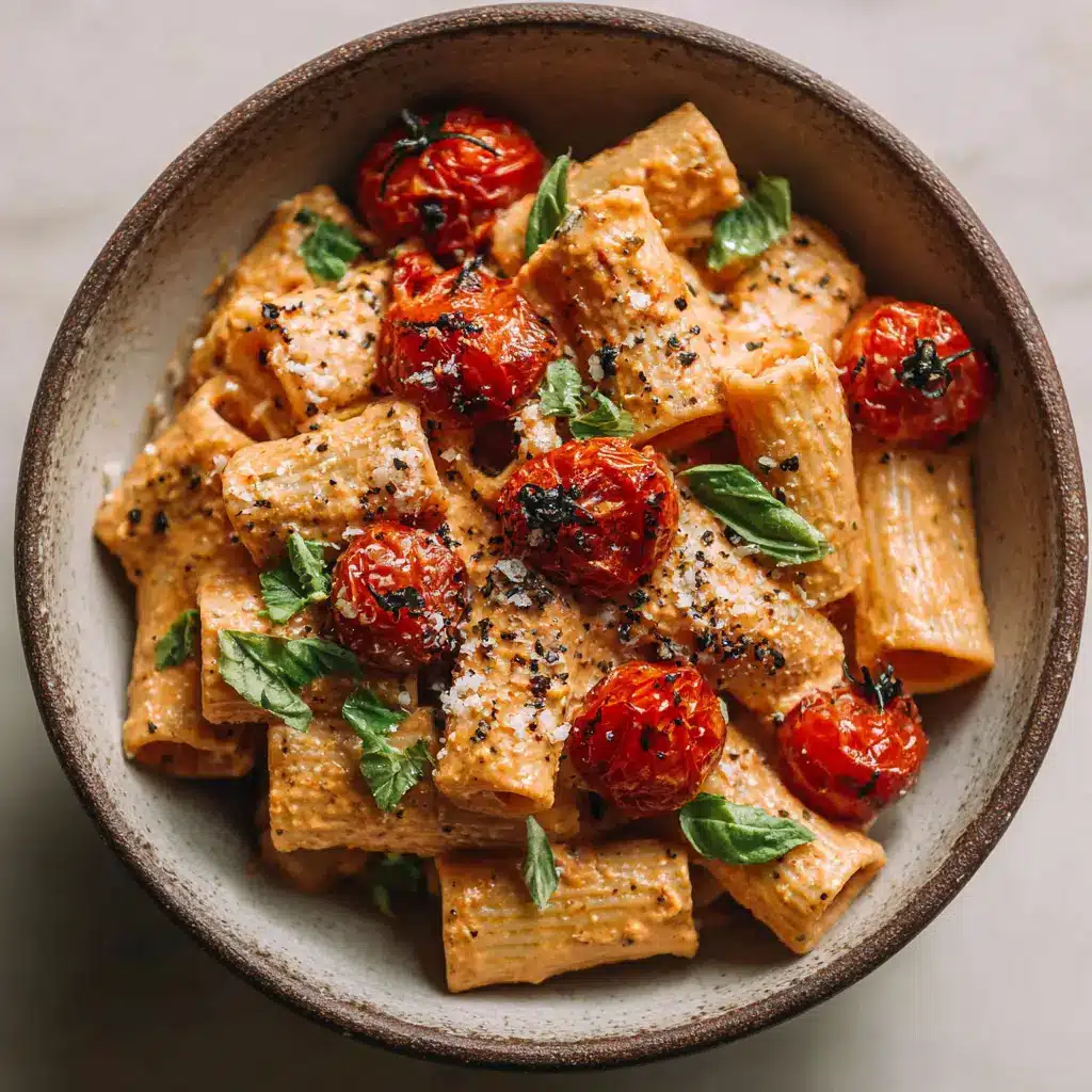 Creamy Roasted Tomato Pasta with Blistered Cherry Tomatoes 1 Overhead shot of rigatoni pasta being mixed with a thick, pale orange-red tomato ricotta sauce and charred cherry tomatoes.