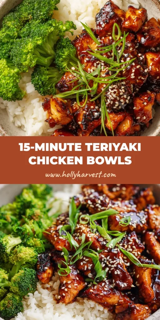A close-up view of a freshly assembled Teriyaki Chicken Bowl with caramelized chicken, broccoli, and rice.