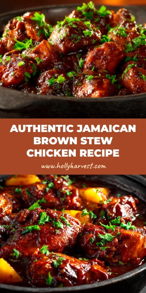 A delicious bowl of authentic Jamaican Brown Stew Chicken, rich and dark in color, served with traditional rice and peas. The chicken is garnished with fresh herbs.
