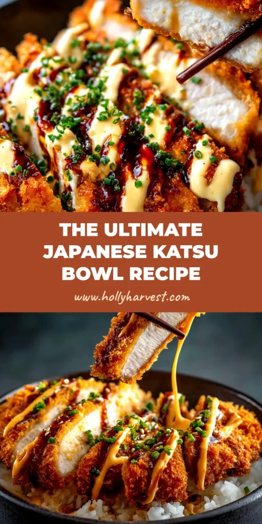 An overhead shot of a delicious Japanese Katsu Bowl, with a crispy breaded chicken cutlet, soft egg, and onions over a bed of white rice, garnished with scallions.