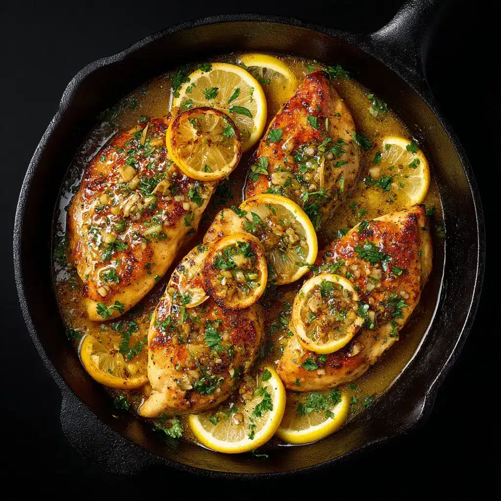 A close-up shot of a sliced lemon garlic chicken breast, revealing the juicy interior, smothered in sauce.