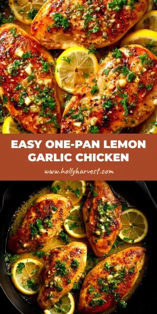 A pan of juicy Lemon Garlic Chicken breasts garnished with fresh parsley, with a text overlay for Pinterest.
