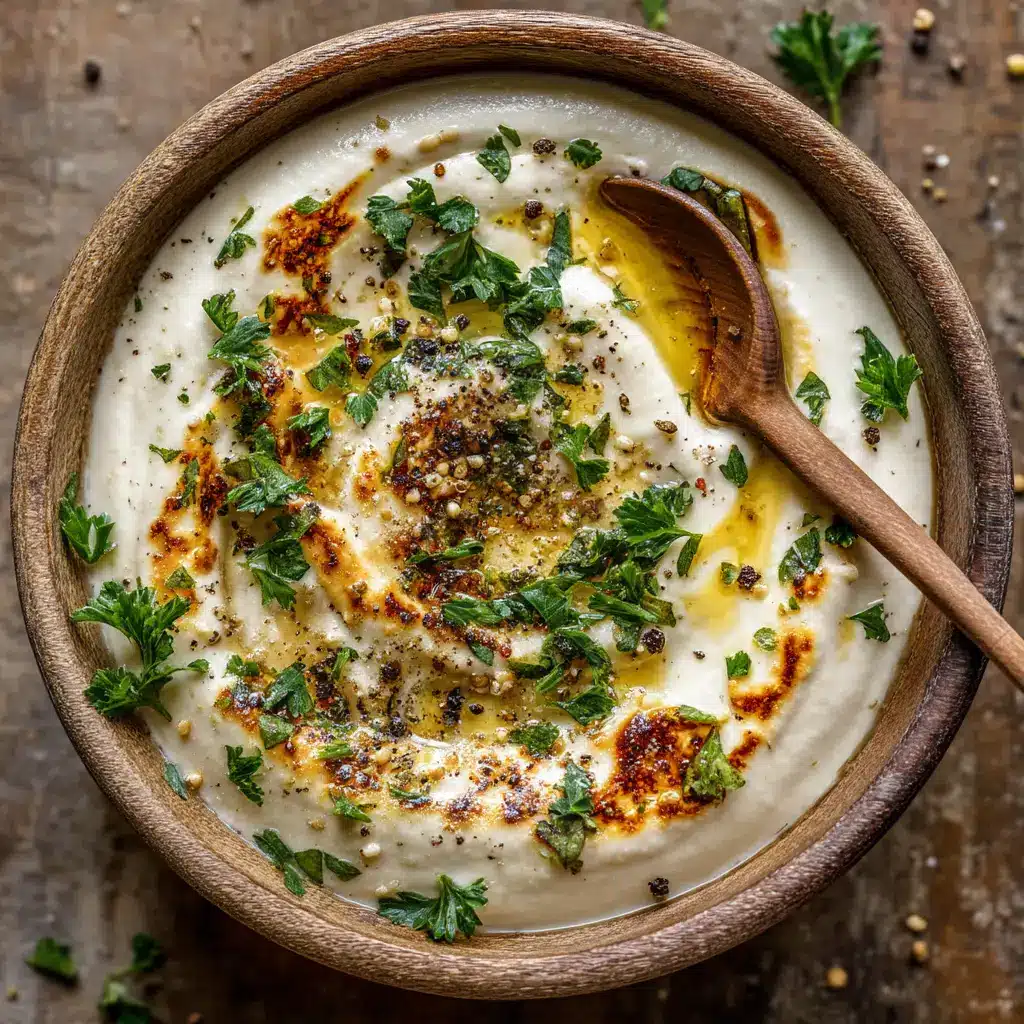 Homemade Garlic Pizza Sauce (Easy White Sauce Recipe) 1 A close-up action shot of creamy garlic pizza sauce being stirred with a whisk in a saucepan.