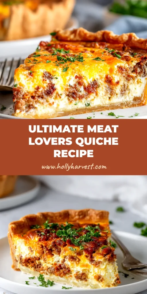 Meat Lovers Quiche: The Ultimate Hearty Breakfast Recipe 4 A golden-baked Meat Lovers Quiche with a slice taken out, showing the hearty bacon, sausage, and ham filling. Perfect for a savory breakfast or brunch.