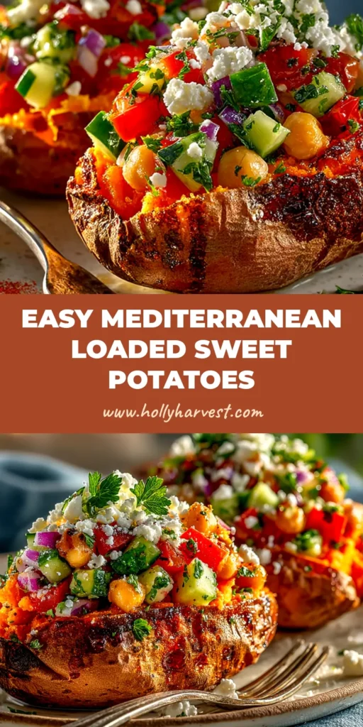 Mediterranean Stuffed Sweet Potatoes: A Healthy & Flavorful Meal 3 An overhead shot of Mediterranean stuffed sweet potatoes topped with chickpeas, feta, and a creamy tahini drizzle on a white plate.