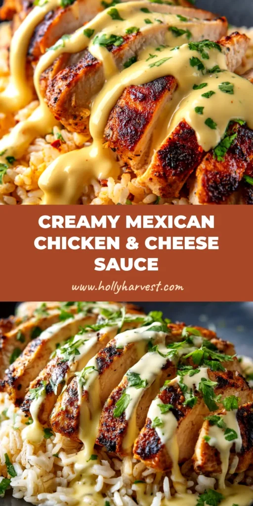 A close-up shot of Mexican chicken with cheese sauce served in a cast-iron skillet, garnished with fresh cilantro. The chicken is sliced and generously covered in a creamy, melted cheese sauce.