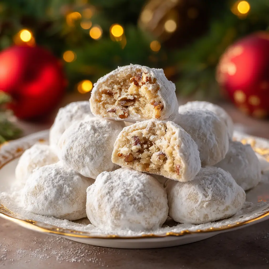 Mexican Wedding Cookies (The Ultimate No-Fail Recipe) 1 A close-up of a single Mexican Wedding Cookie broken in half to show the tender, crumbly texture inside with bits of pecan.