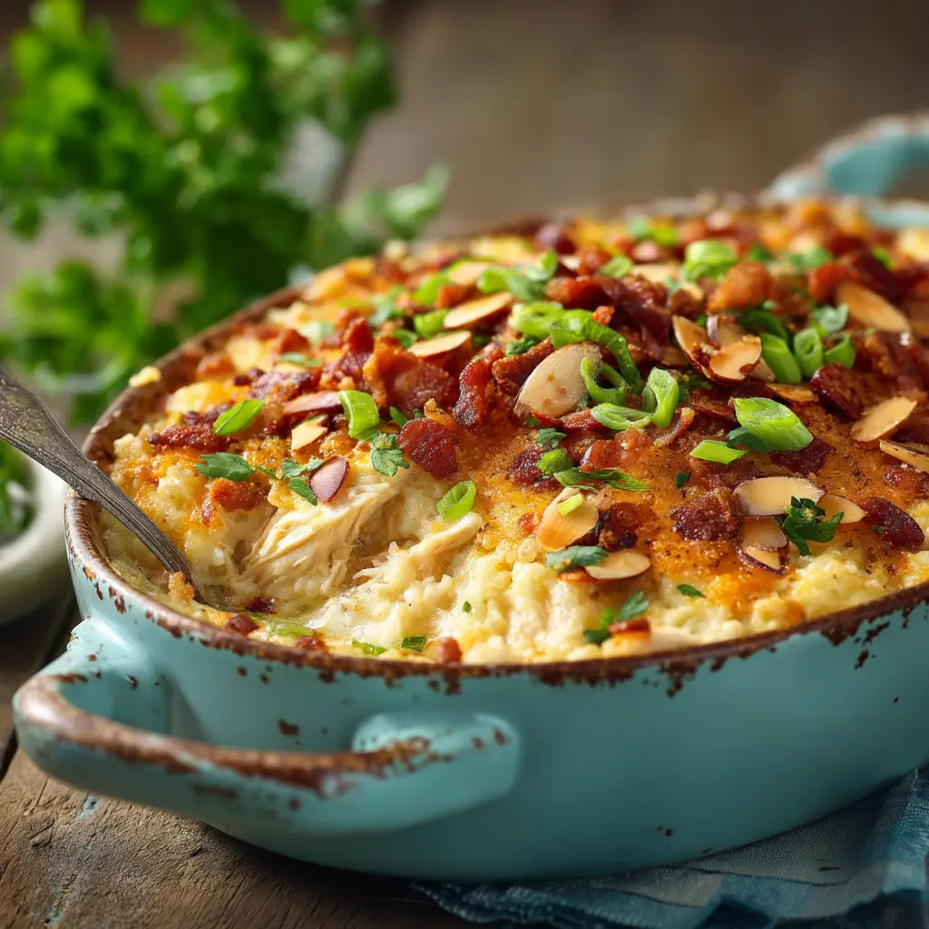 A close-up view of the Neiman Marcus Chicken Casserole ingredients being mixed in a large bowl, showing chicken, mushrooms, and creamy sauce.