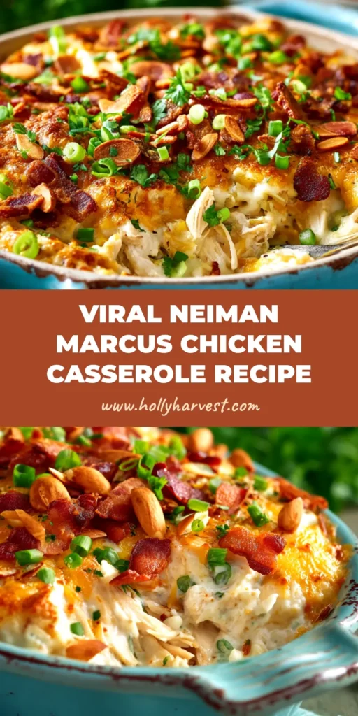 A delicious serving of the classic Neiman Marcus Chicken Casserole on a white plate, showcasing its creamy texture and golden-brown almond and cheese topping.