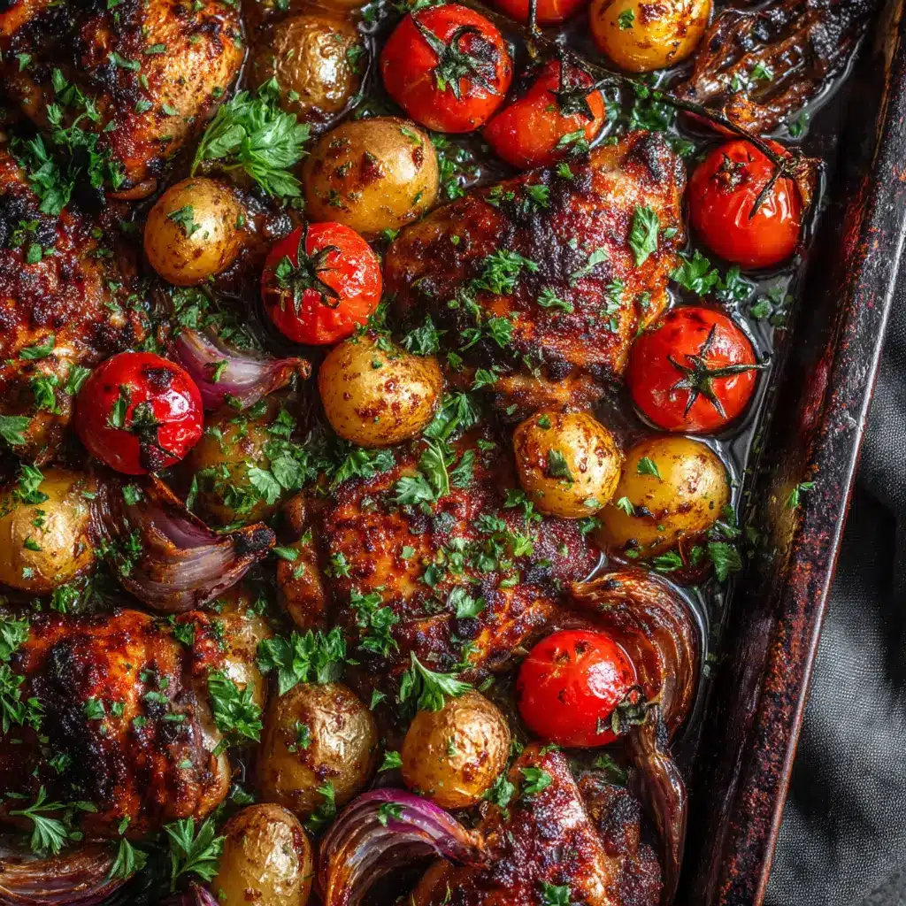 Sheet Pan Balsamic Chicken (Easy & Flavorful!) 2 A close-up overhead shot of Sheet Pan Balsamic Chicken with broccoli and red peppers, highlighting the glossy balsamic glaze.