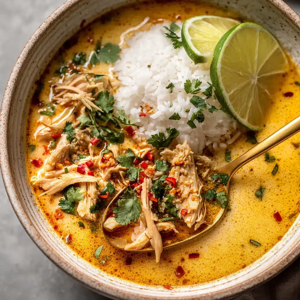 A beautiful serving of chicken and rice in coconut milk, garnished with a lime wedge and fresh herbs in a ceramic bowl.