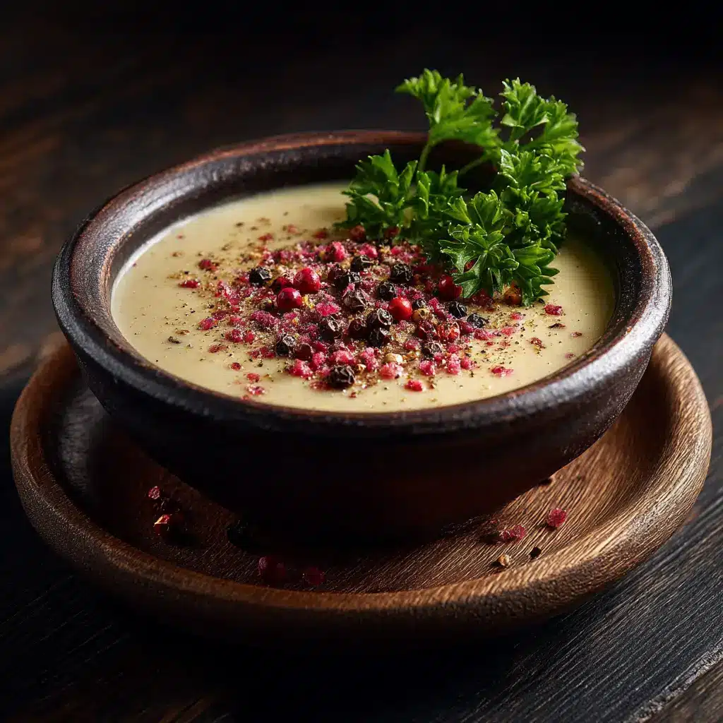 A steak dinner with a side of creamy peppercorn sauce in a bowl. The sauce is speckled with coarsely ground black peppercorns.