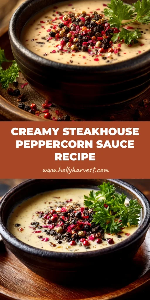 An overhead shot of a rich and creamy peppercorn sauce recipe in a white serving boat, ready to be served over steak. The text overlay reads 'Easy Peppercorn Sauce'.