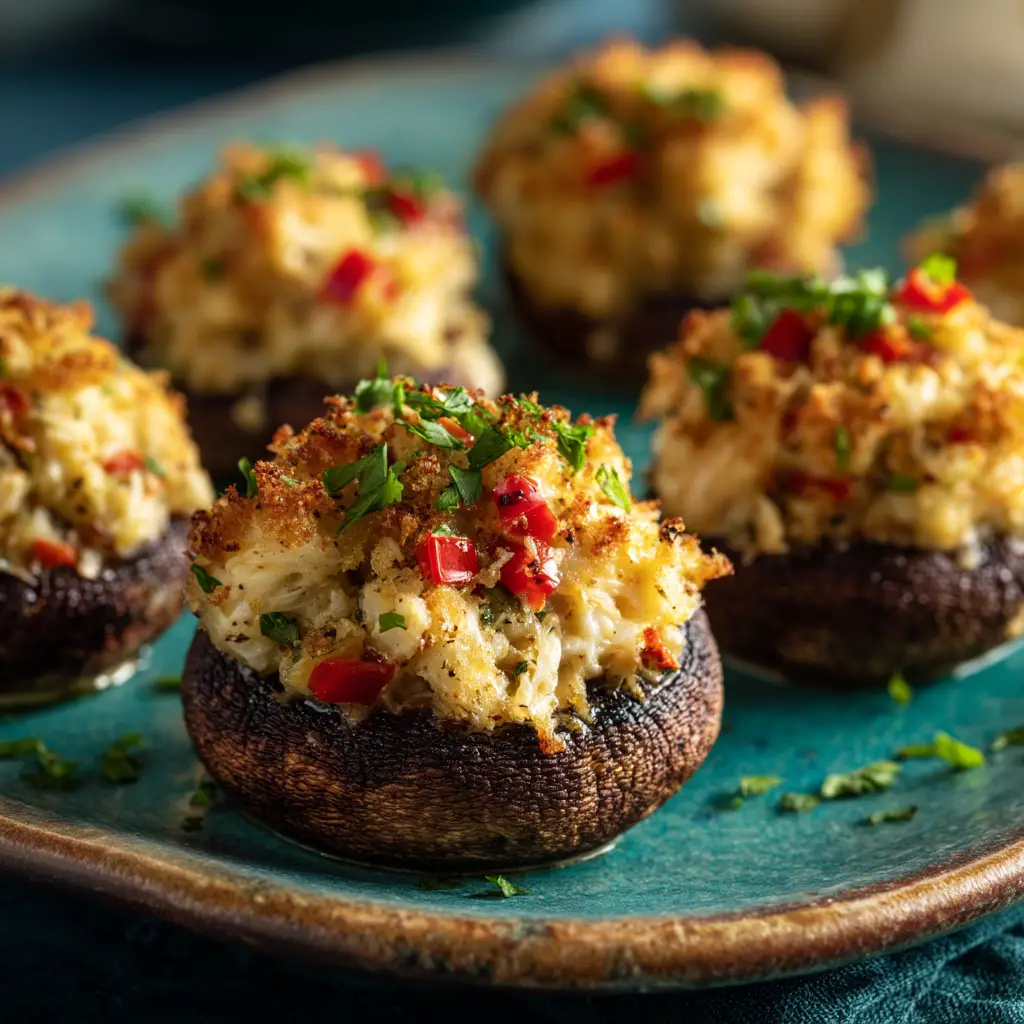A side view of crab-stuffed mushrooms ready for the oven, showing the generous mounds of creamy crab filling in each mushroom cap.