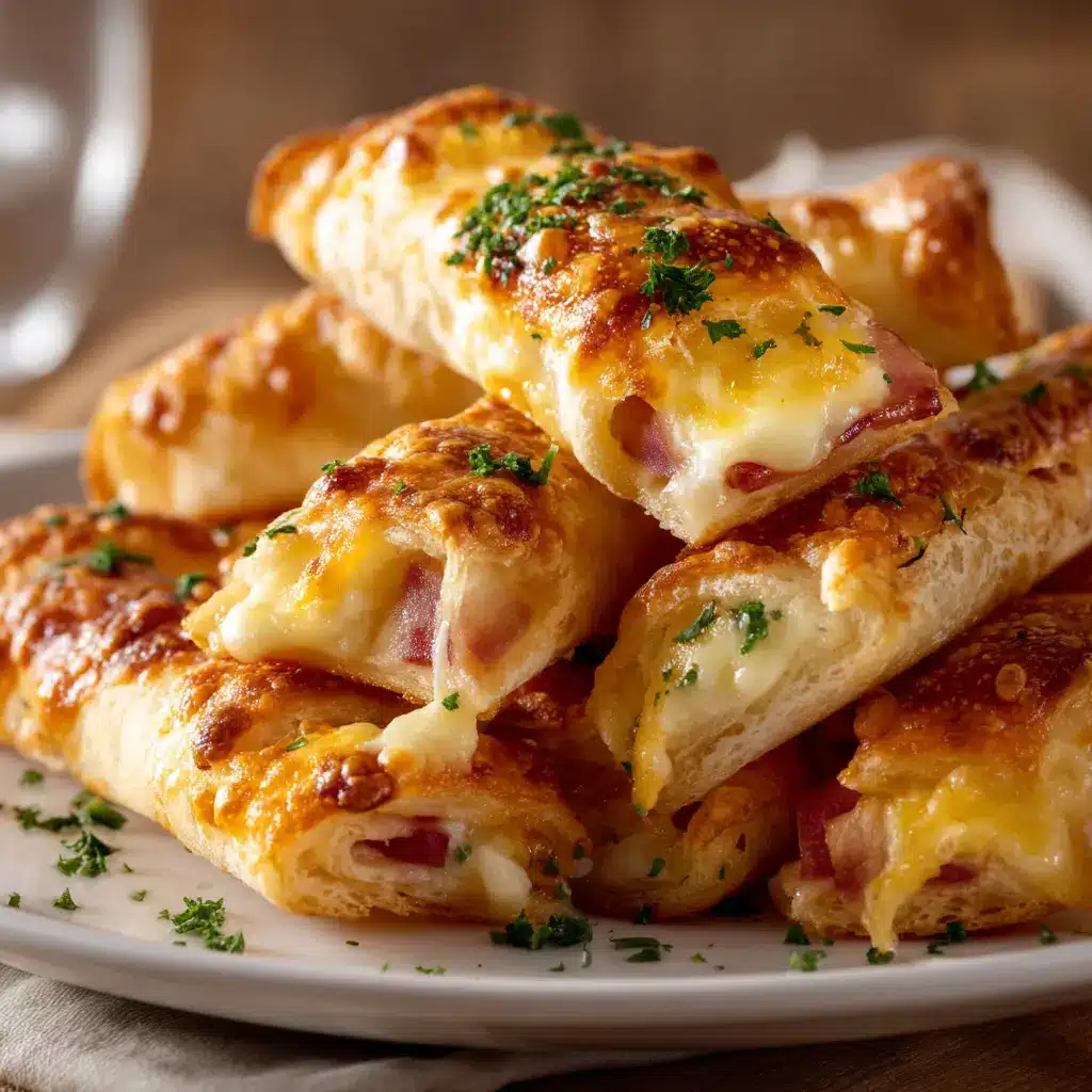 A pile of savory puff pastry ham and cheese sticks, perfect for serving a crowd.