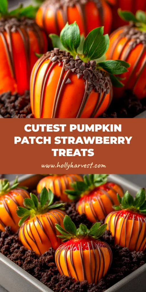 A platter of pumpkin chocolate covered strawberries with dark chocolate drizzles, ready for a fall party.