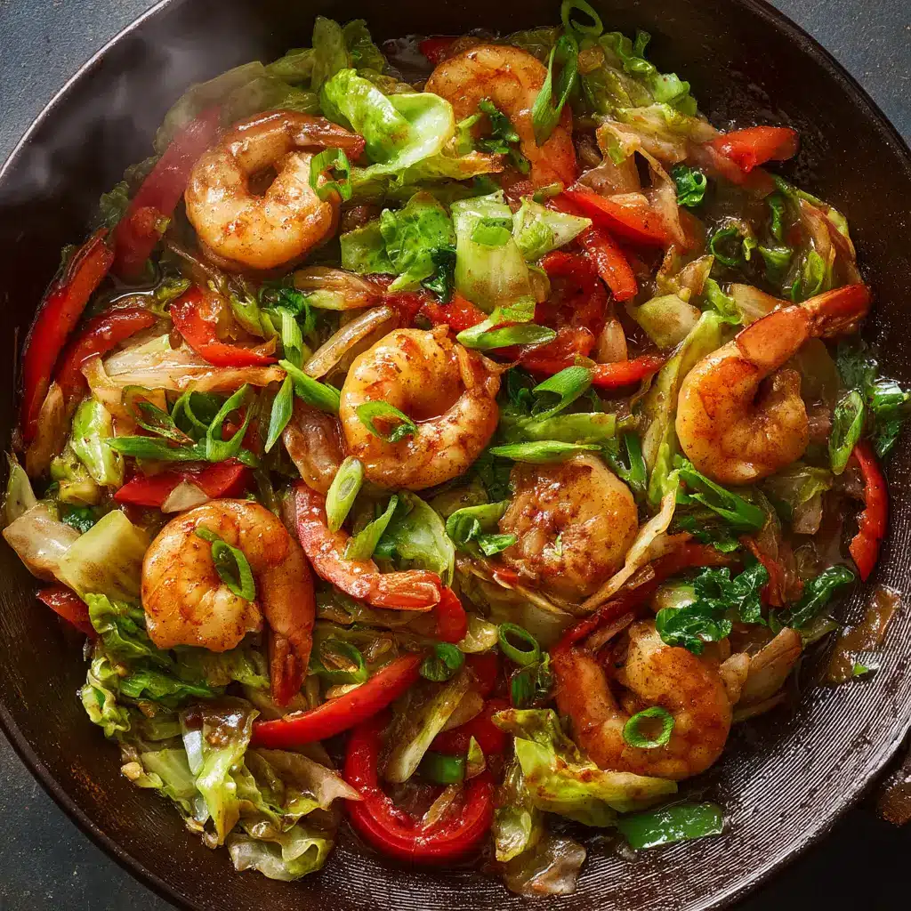 A serving of quick cabbage and shrimp skillet in a white bowl, ready to be eaten. The dish is colorful with green onions and sesame seeds.