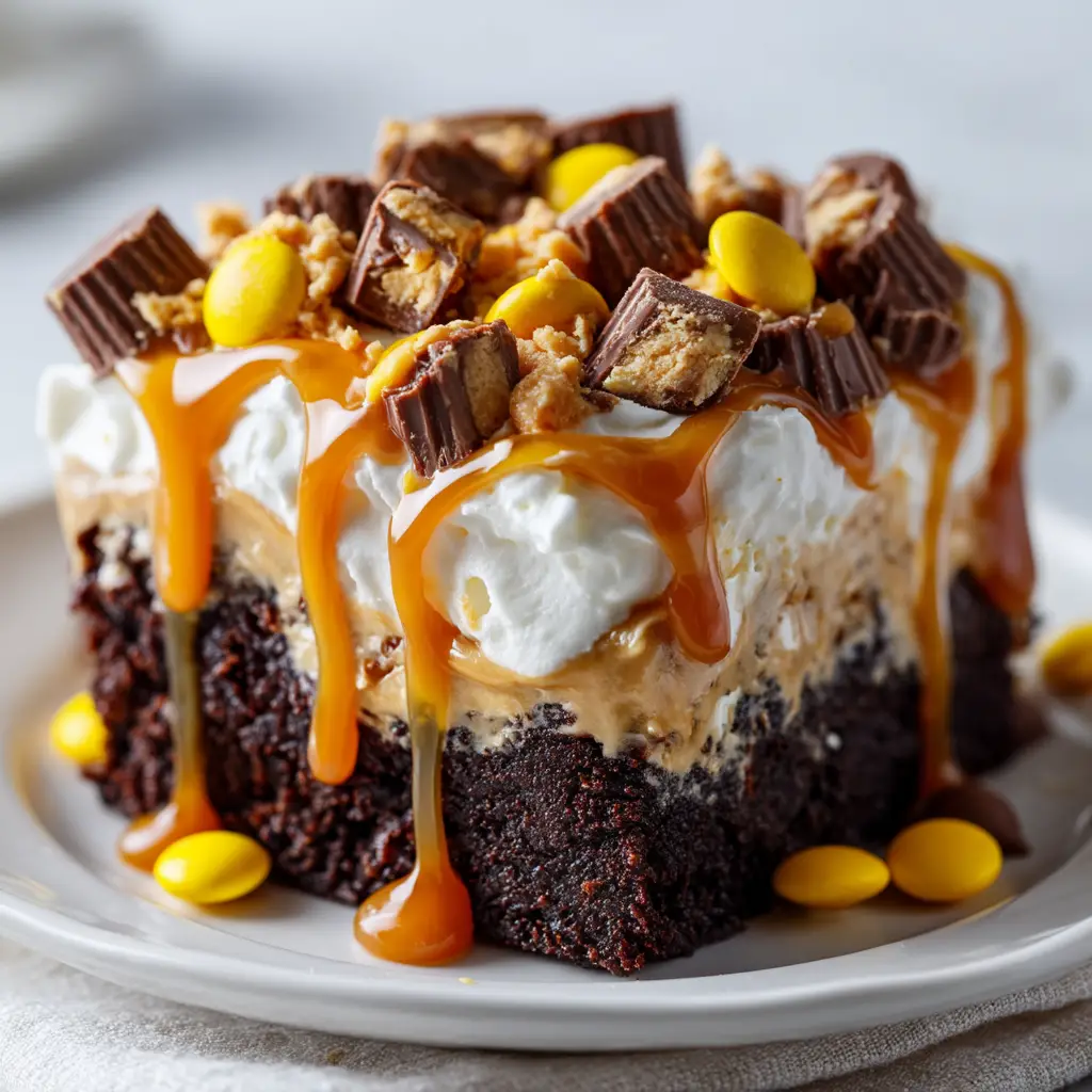 A fork taking a bite out of a Reese's poke cake, with fluffy peanut butter frosting visible.