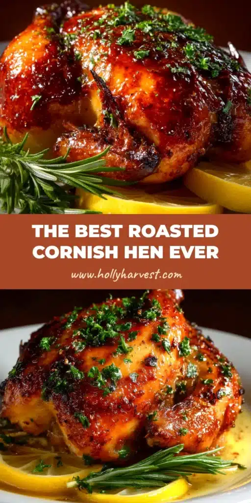 A perfectly roasted Cornish hen on a platter, garnished with fresh herbs and lemon slices. The skin is golden-brown and crispy, promising a delicious and elegant meal.