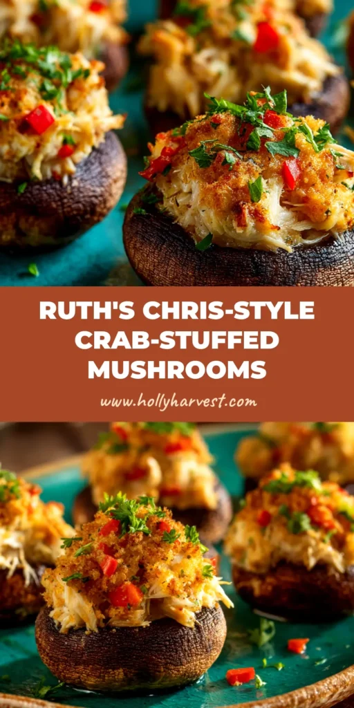 A platter of Ruth's Chris Crab-Stuffed Mushrooms, baked to a golden brown perfection and ready to be served as a delicious appetizer.