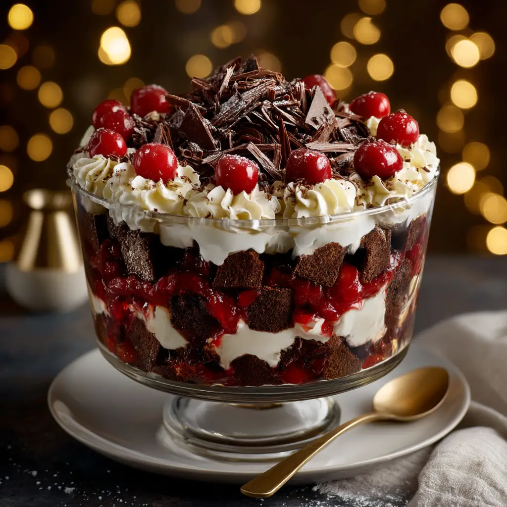 A spoonful of Black Forest Trifle being lifted from the bowl, showing the perfect combination of cake, cherries, and cream in a single bite.