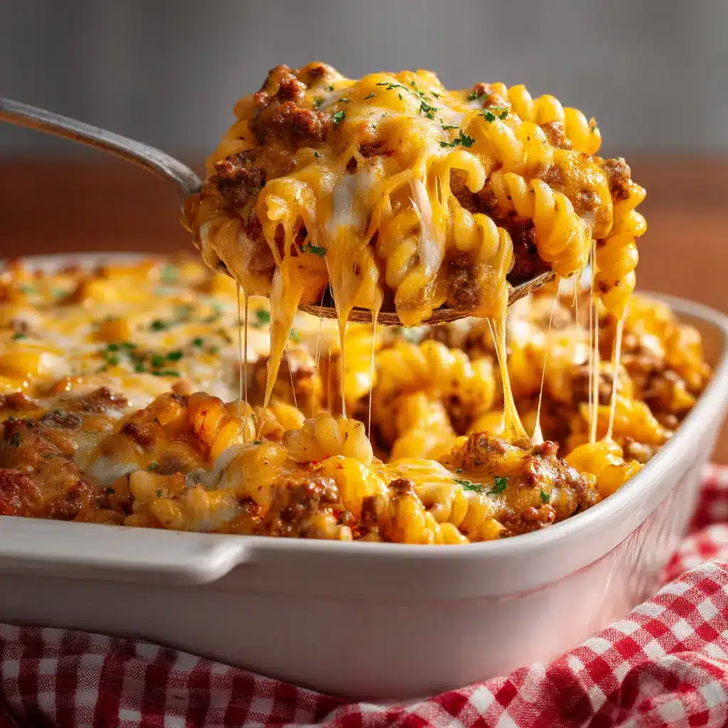 Cheeseburger Casserole: The Ultimate Comfort Food Recipe 1 A serving of homemade cheeseburger casserole in a baking dish, with a spatula lifting a portion to reveal the gooey, cheesy interior.