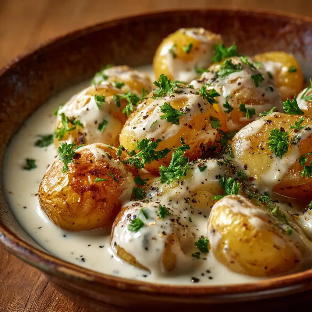 A spoonful of creamy garlic baby potatoes being lifted from a baking dish, showing the tender insides and rich sauce.