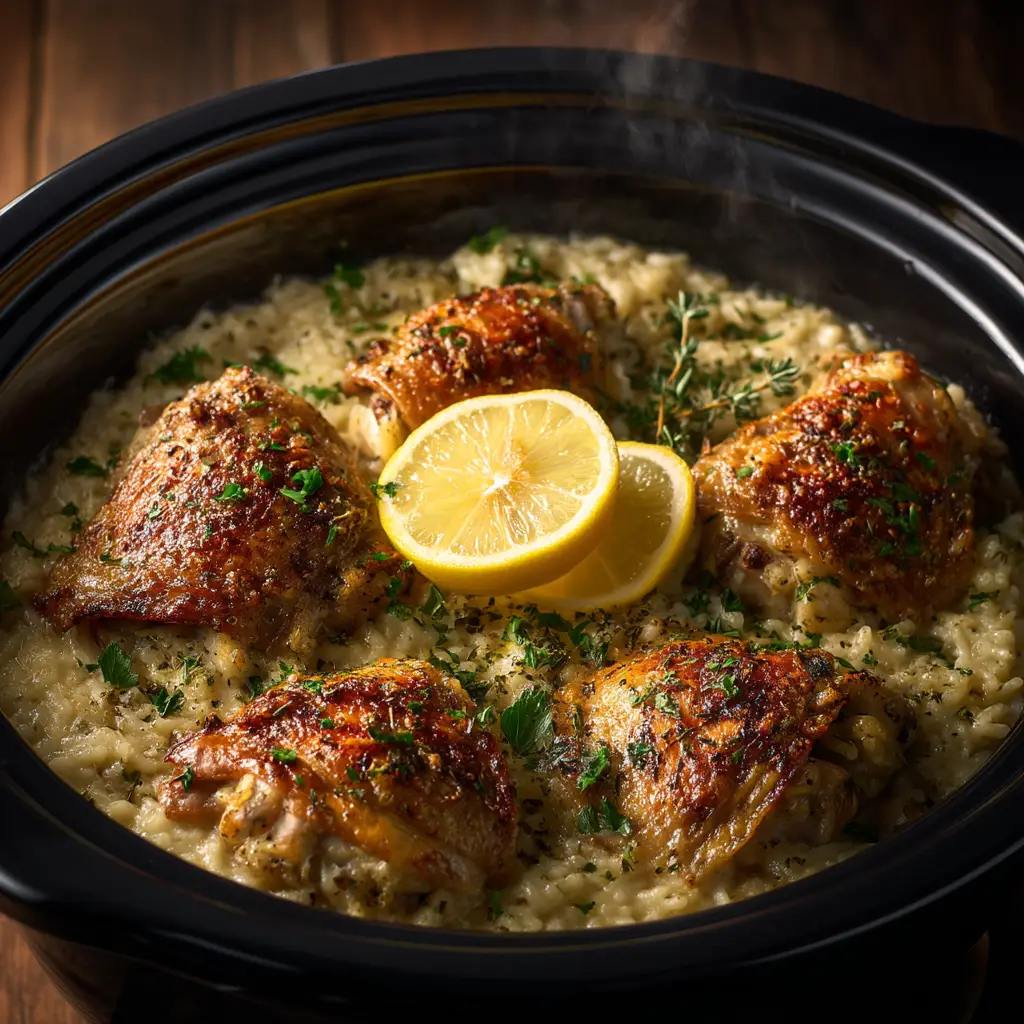 Slow Cooker Lemon Herb Chicken and Rice: The Easiest One-Pot Meal 1 The Slow Cooker Lemon Herb Chicken and Rice being served from a large pot, garnished with lemon slices and fresh herbs.