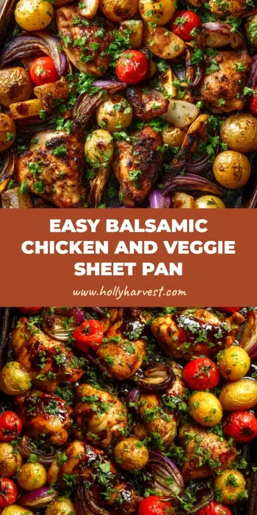Sheet Pan Balsamic Chicken (Easy & Flavorful!) 3 An overhead shot of a delicious Sheet Pan Balsamic Chicken recipe with roasted vegetables on a baking sheet, ready to be served.