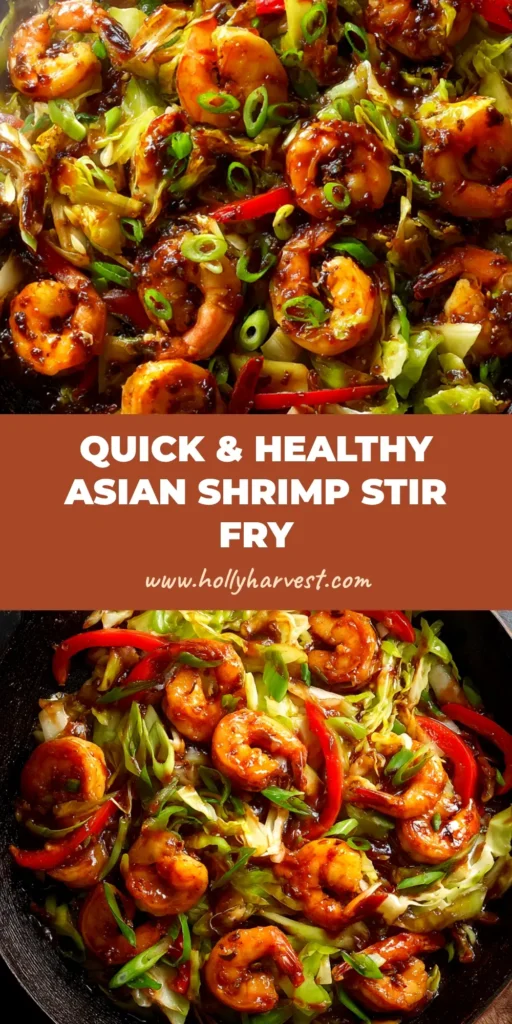 A top-down view of a skillet filled with Shrimp and Cabbage Stir Fry, garnished with fresh green onions and sesame seeds. The shrimp are pink and perfectly cooked.