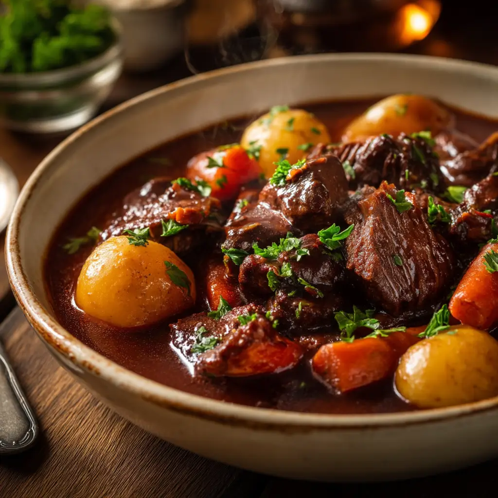 A large Dutch oven filled with simmering Boeuf Bourguignon, showing the rich, dark red wine sauce and tender vegetables.