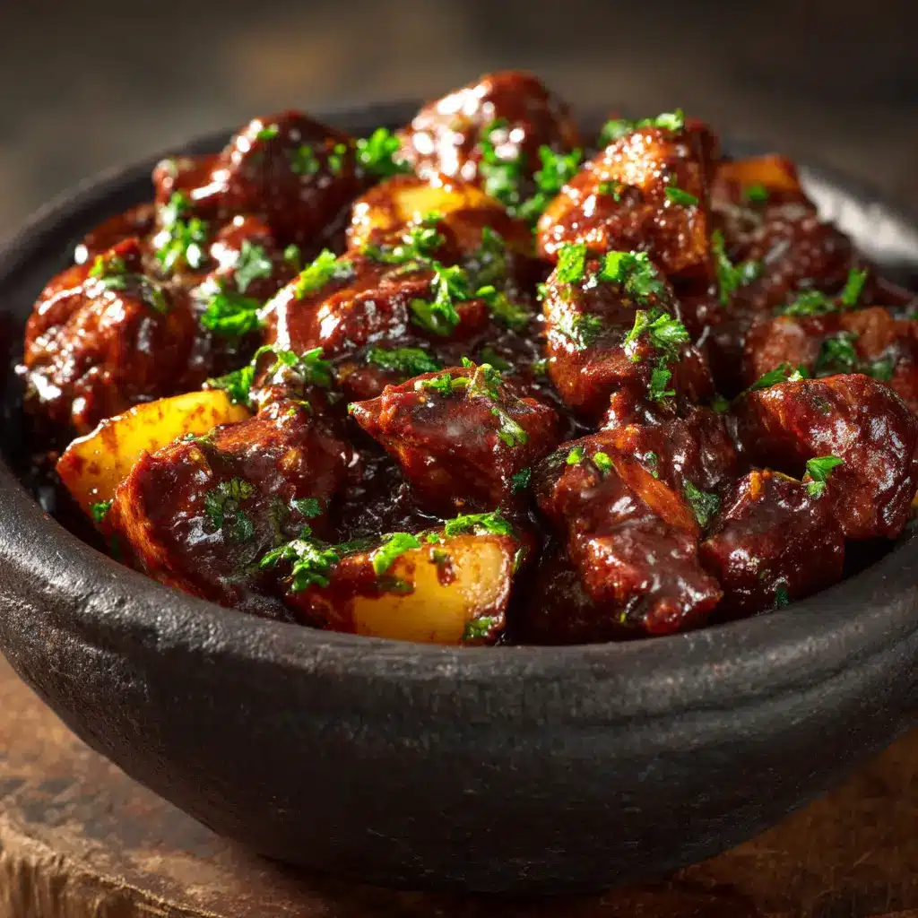 A pot of Jamaican Brown Stew Chicken simmering on the stove. The rich, dark gravy bubbles around tender chicken pieces, carrots, and peppers.
