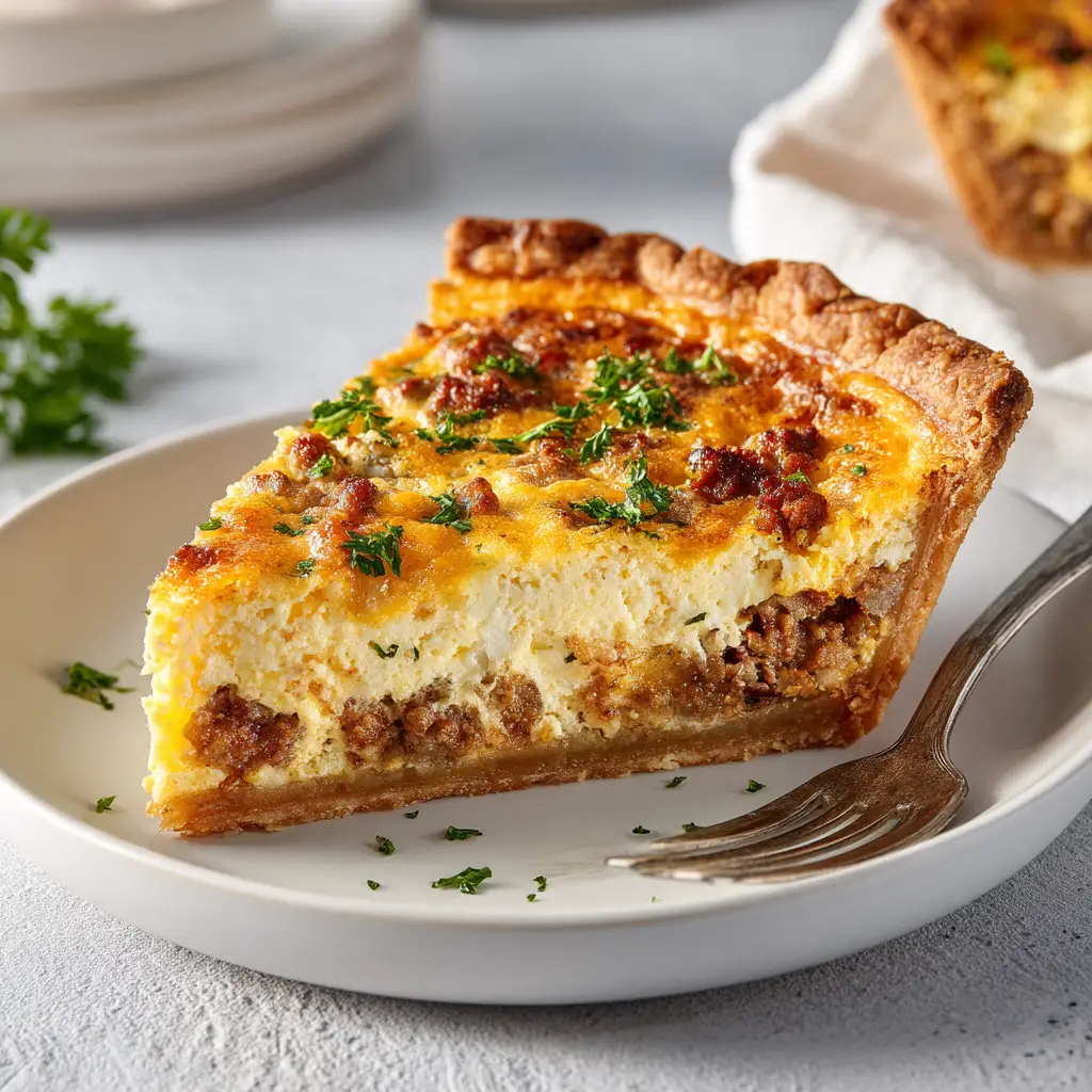 Meat Lovers Quiche: The Ultimate Hearty Breakfast Recipe 2 A close-up slice of deep-dish meat lovers quiche on a white plate, showcasing the layers of meat, cheese, and creamy egg custard.