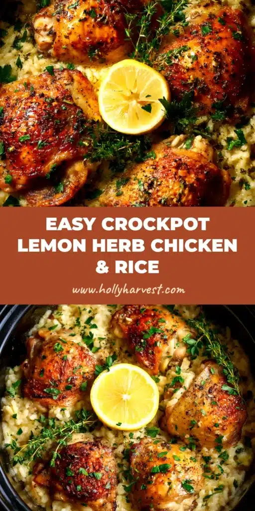 Slow Cooker Lemon Herb Chicken and Rice: The Easiest One-Pot Meal 3 A top-down view of a serving of Slow Cooker Lemon Herb Chicken and Rice in a white bowl, garnished with fresh parsley. A slice of lemon is on the side.