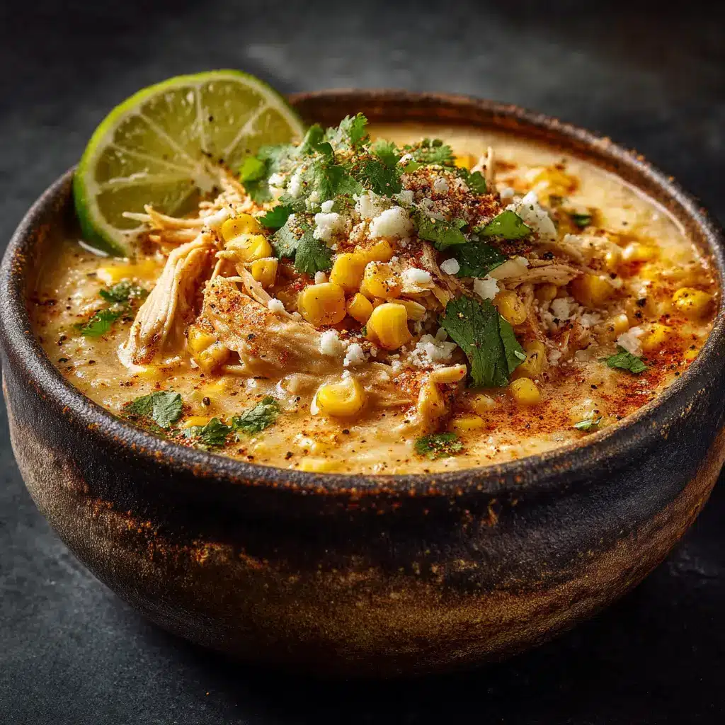 A beautiful overhead view of a finished bowl of slow cooker elote soup, ready to be served.