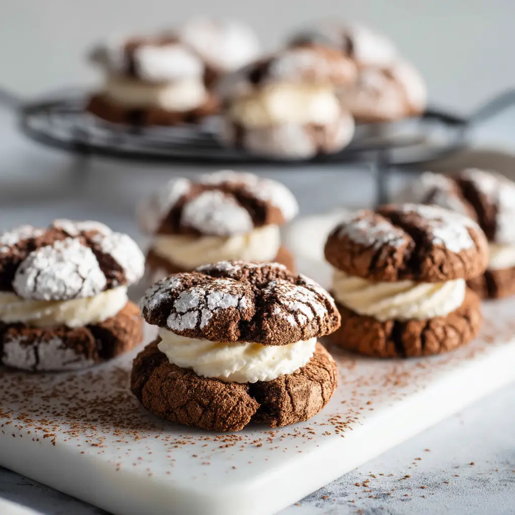 A detailed shot of a single tiramisu cookie broken in half to show the soft, fudgy interior.