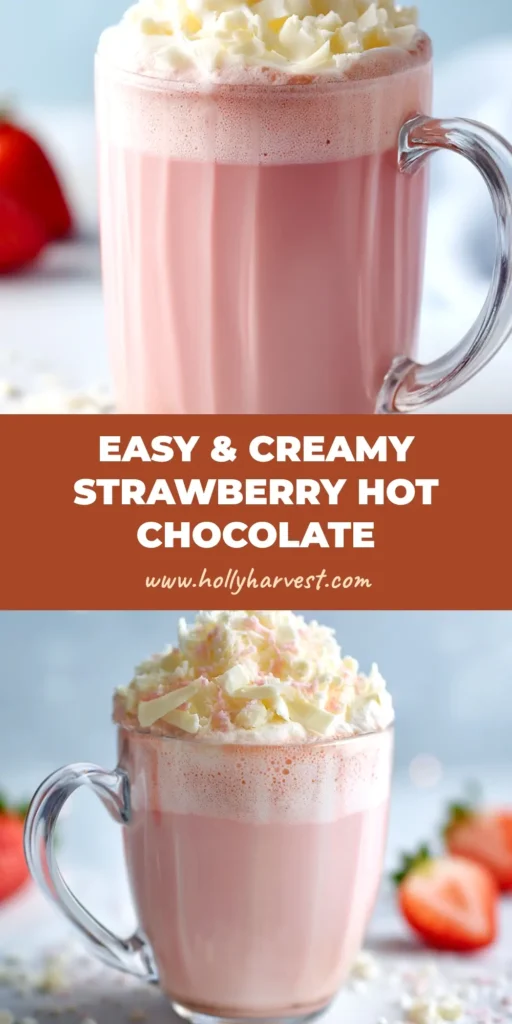 A cozy mug of creamy pink Strawberry Hot Chocolate, topped with whipped cream and fresh strawberry slices.
