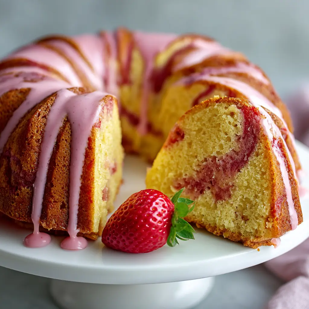 The creamy, fluffy pound cake batter being mixed in a stand mixer bowl before the strawberry swirl is added.
